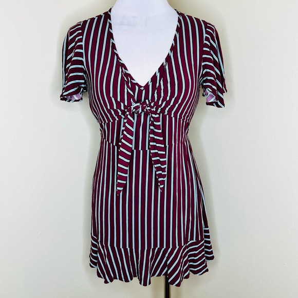 Band Of Gypsies Dress SM/MED Maroon Striped Mini Ruffle Flounce V-Neck Tie Front - Picture 1 of 7